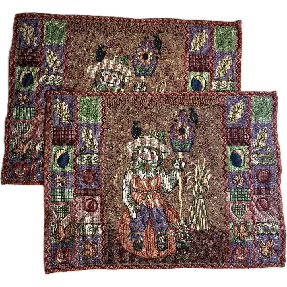 Set of 2 Woven Cotton Tapestry Placemats Autumn Fall Scarecrow Pumpkin Patch
